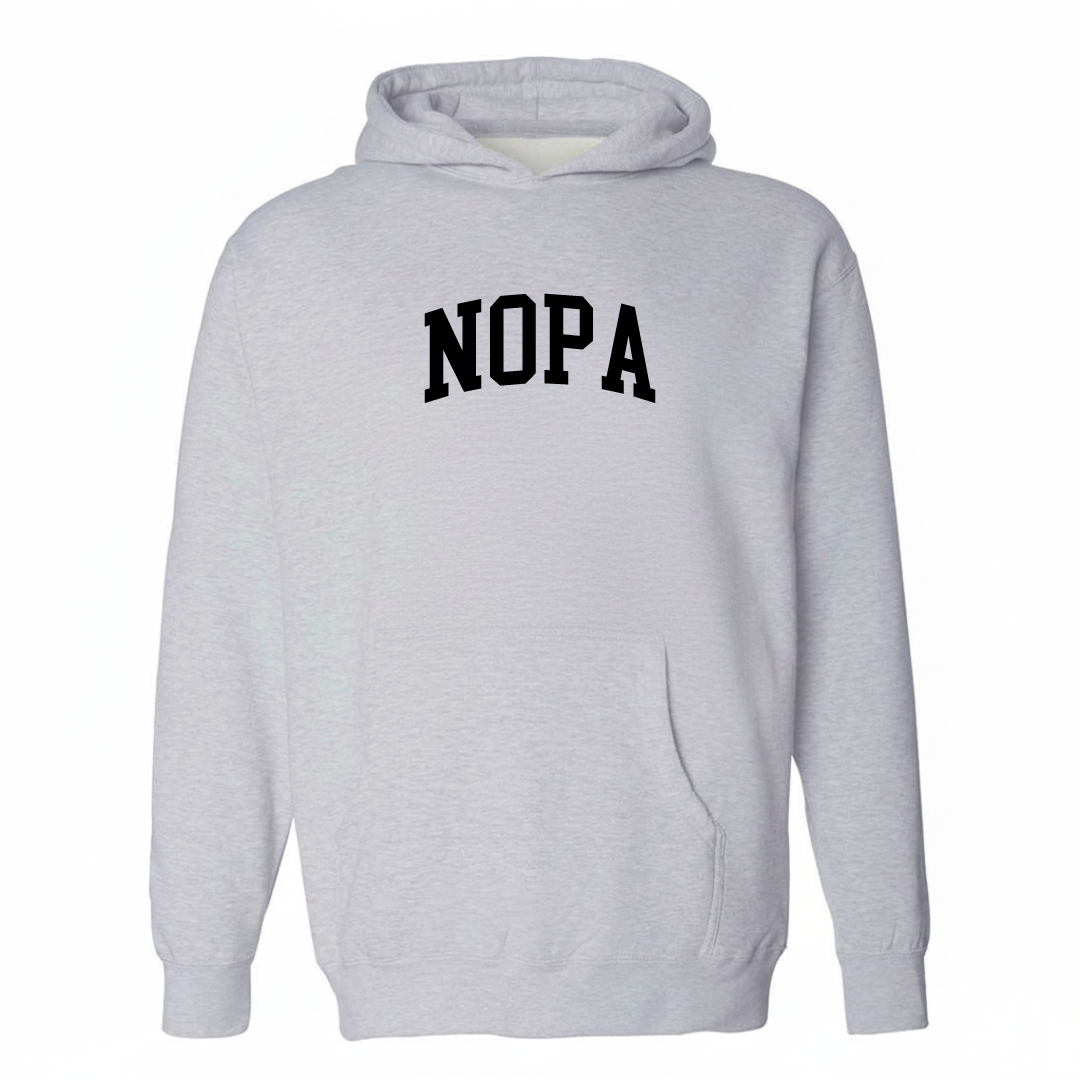 Heather-gray hoodie with the NoPa varsity arched lettering design on the chest.