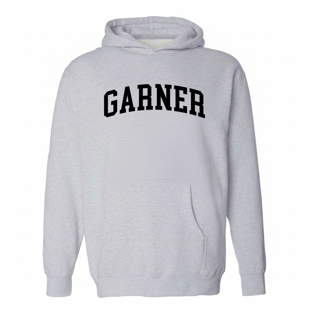 Heather-gray hoodie with the Garner varsity arched lettering design on the chest.