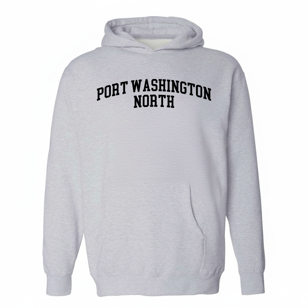 Heather-gray hoodie with the Port Washington North varsity arched lettering design on the chest.