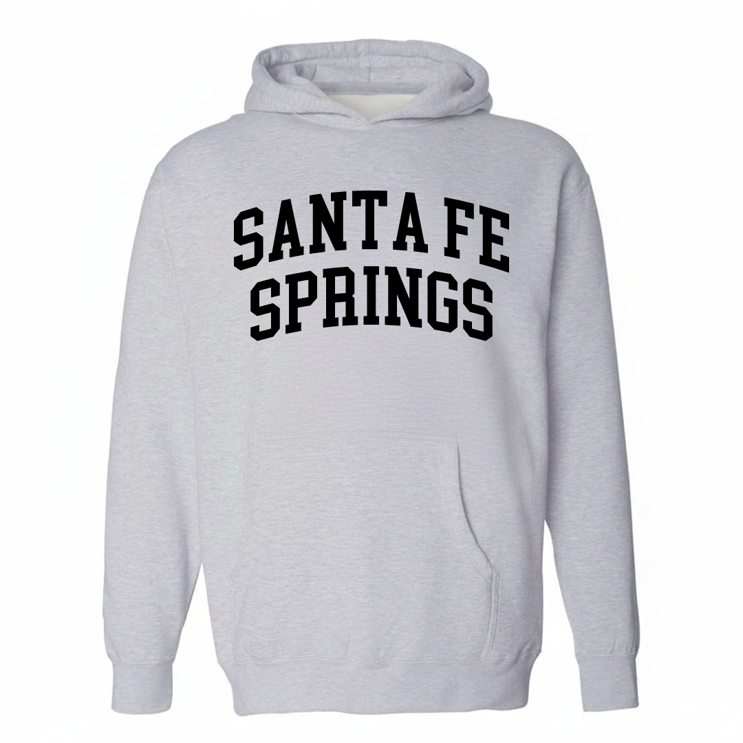 Heather-gray hoodie with the Santa Fe Springs varsity arched lettering design on the chest.