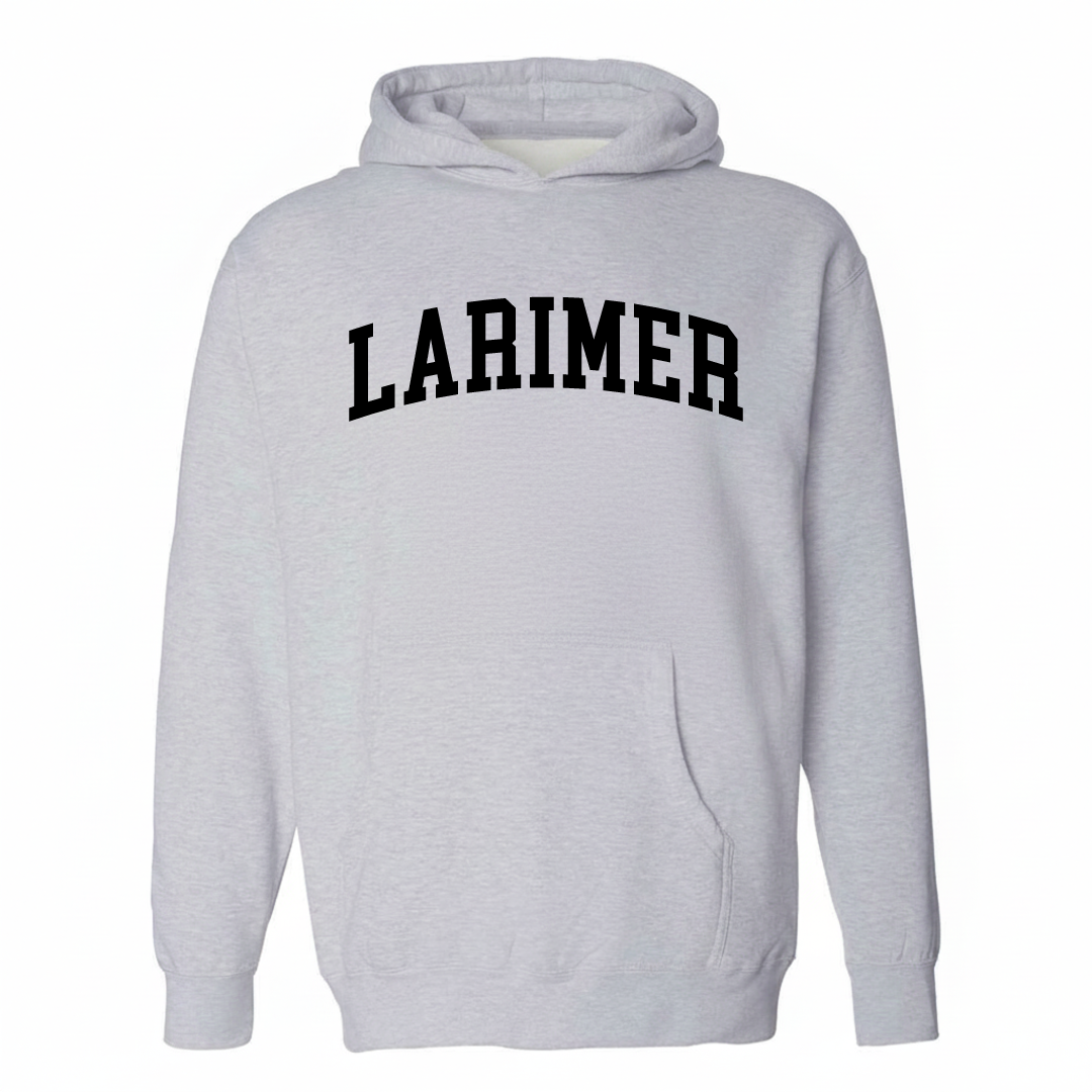 Heather-gray hoodie with the Larimer varsity arched lettering design on the chest.