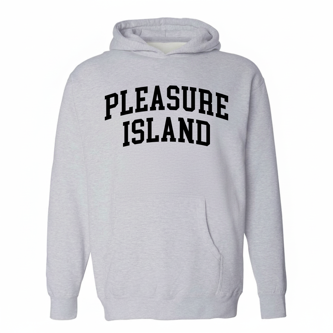 Heather-gray hoodie with the Pleasure Island varsity arched lettering design on the chest.