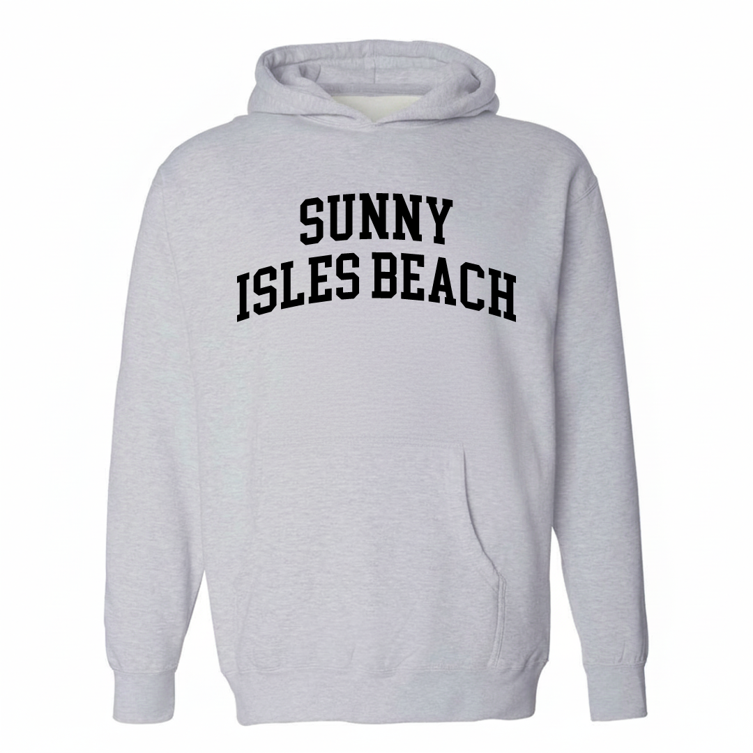 Heather-gray hoodie with the Sunny Isles Beach varsity arched lettering design on the chest.