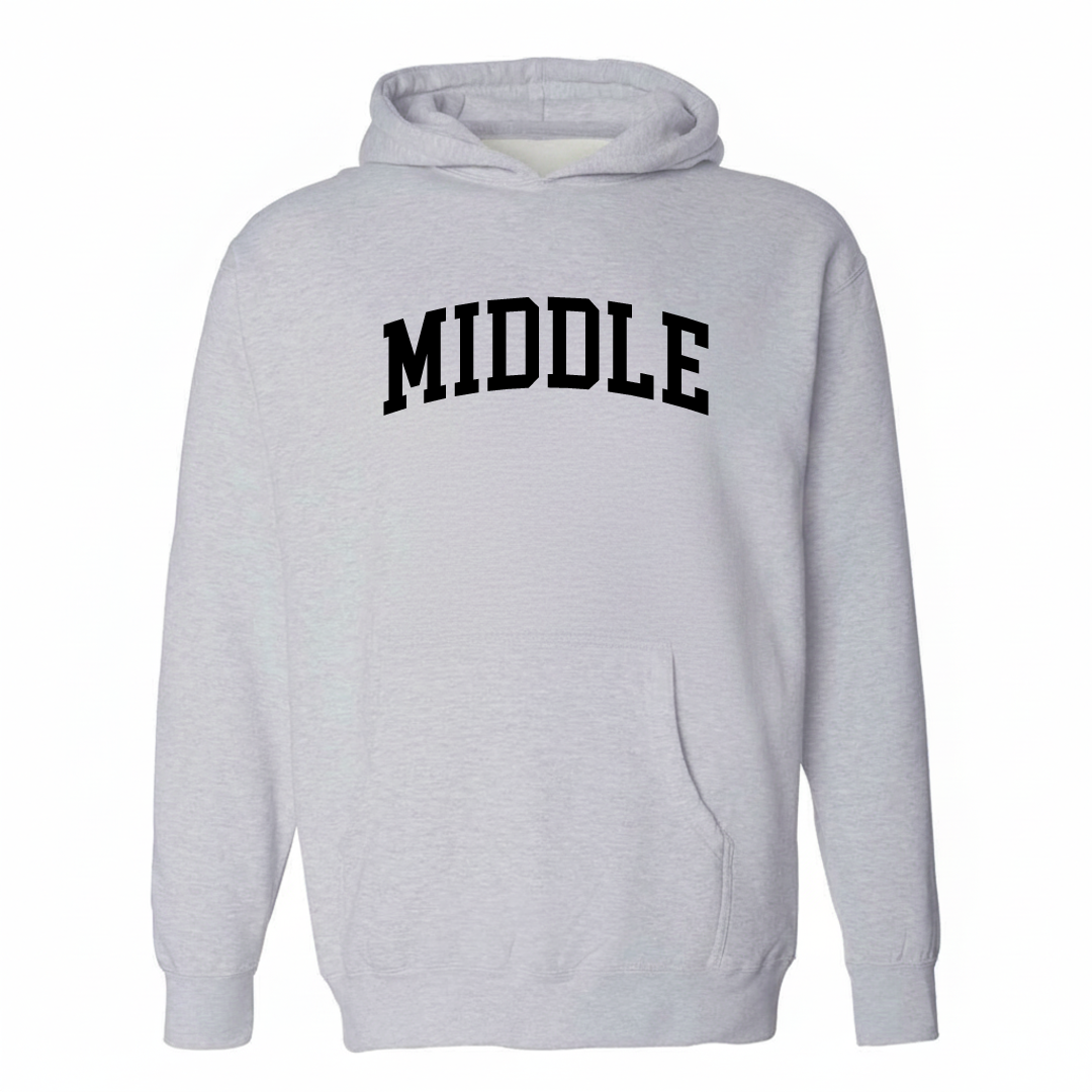 Heather-gray hoodie with the Middle Township varsity arched lettering design on the chest.