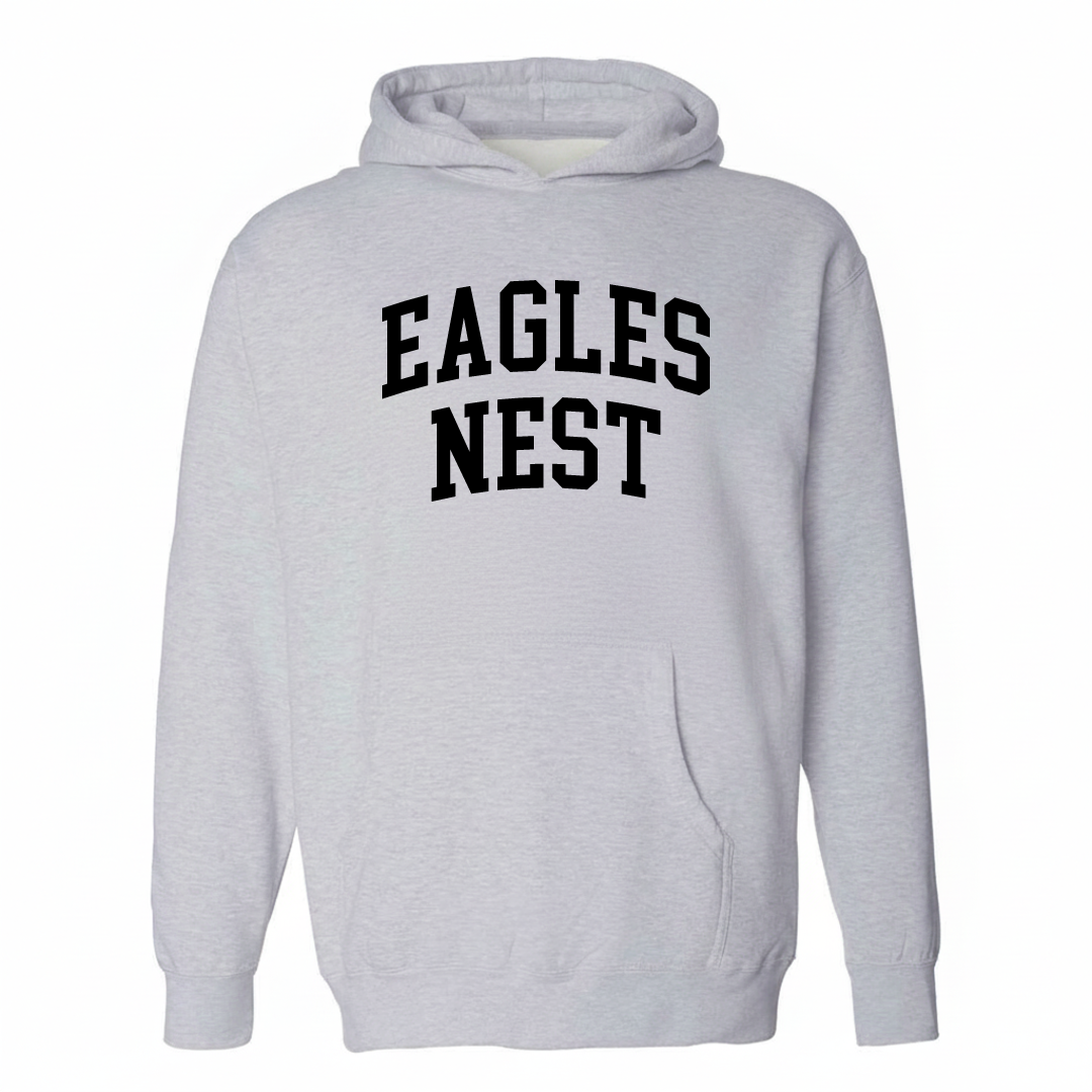 Heather-gray hoodie with the Eagles Nest varsity arched lettering design on the chest.