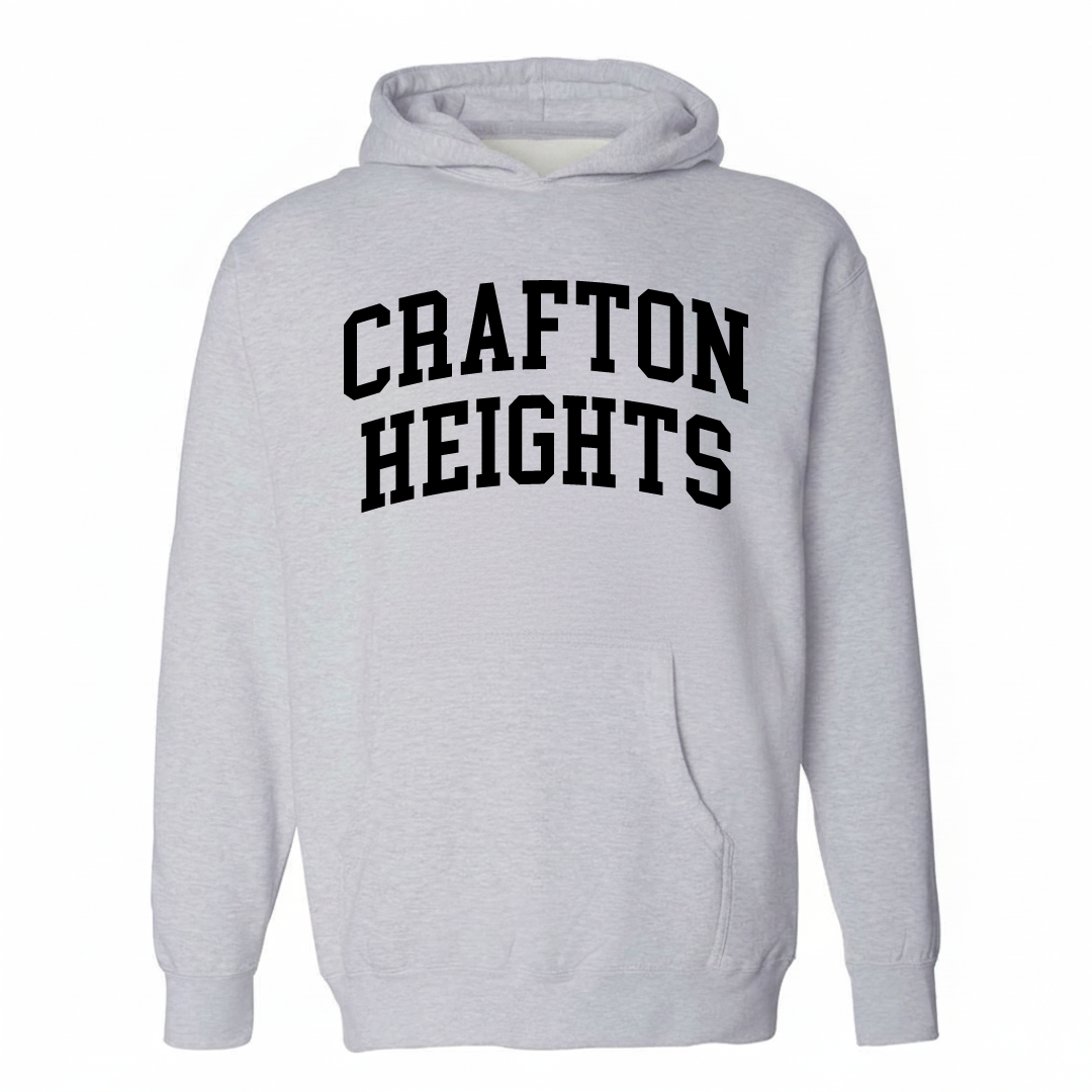 Heather-gray hoodie with the Crafton Heights arched lettering design on the chest.
