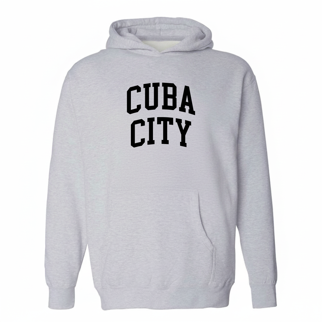 Heather-gray hoodie with the Cuba City varsity arched lettering design on the chest.