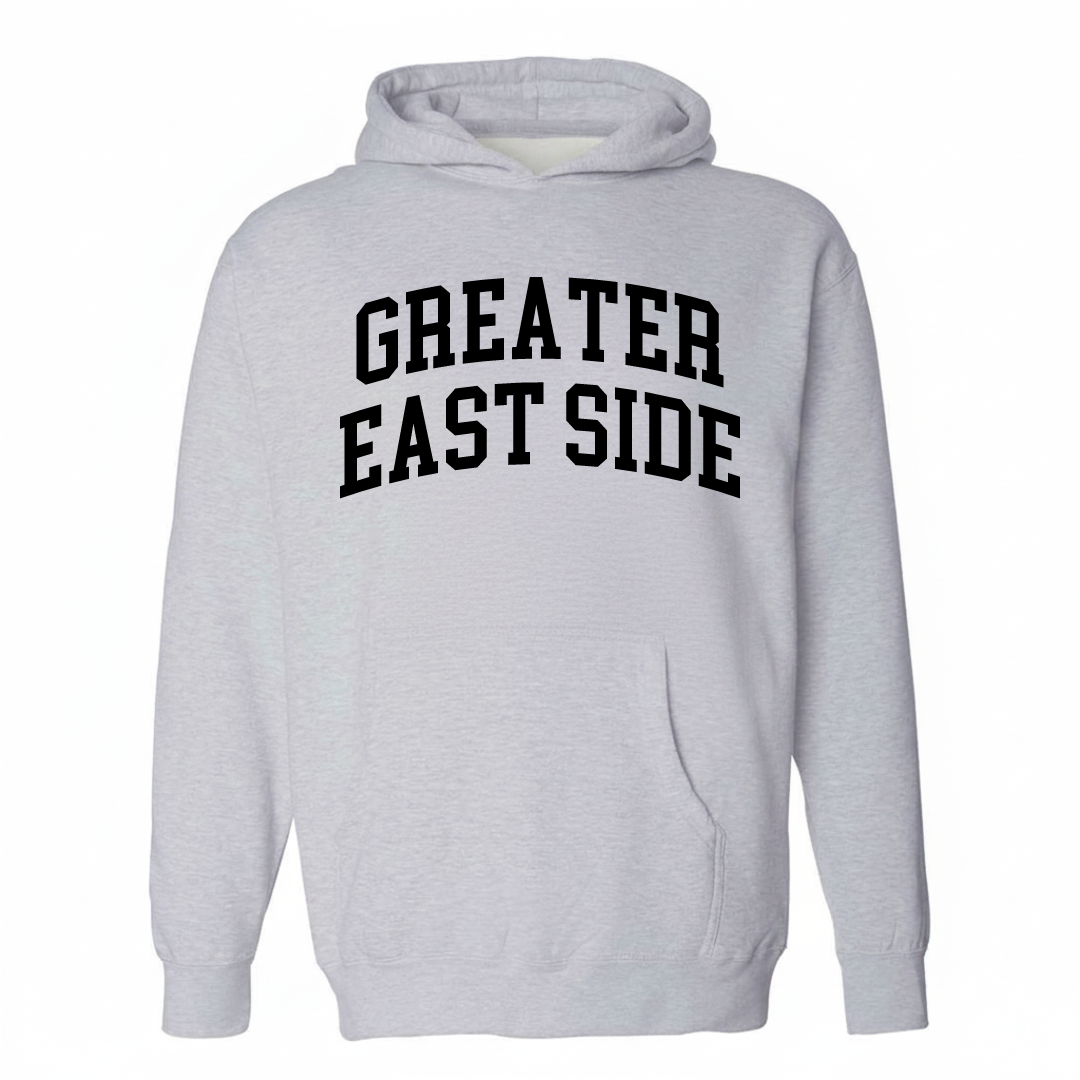 Heather-gray hoodie with the Greater East Side arched varsity lettering design on the chest.