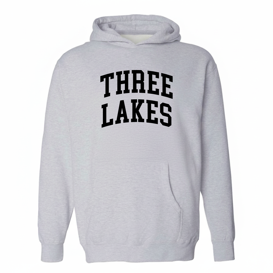 Heather-gray hoodie with the Three Lakes varsity arched lettering design on the chest.