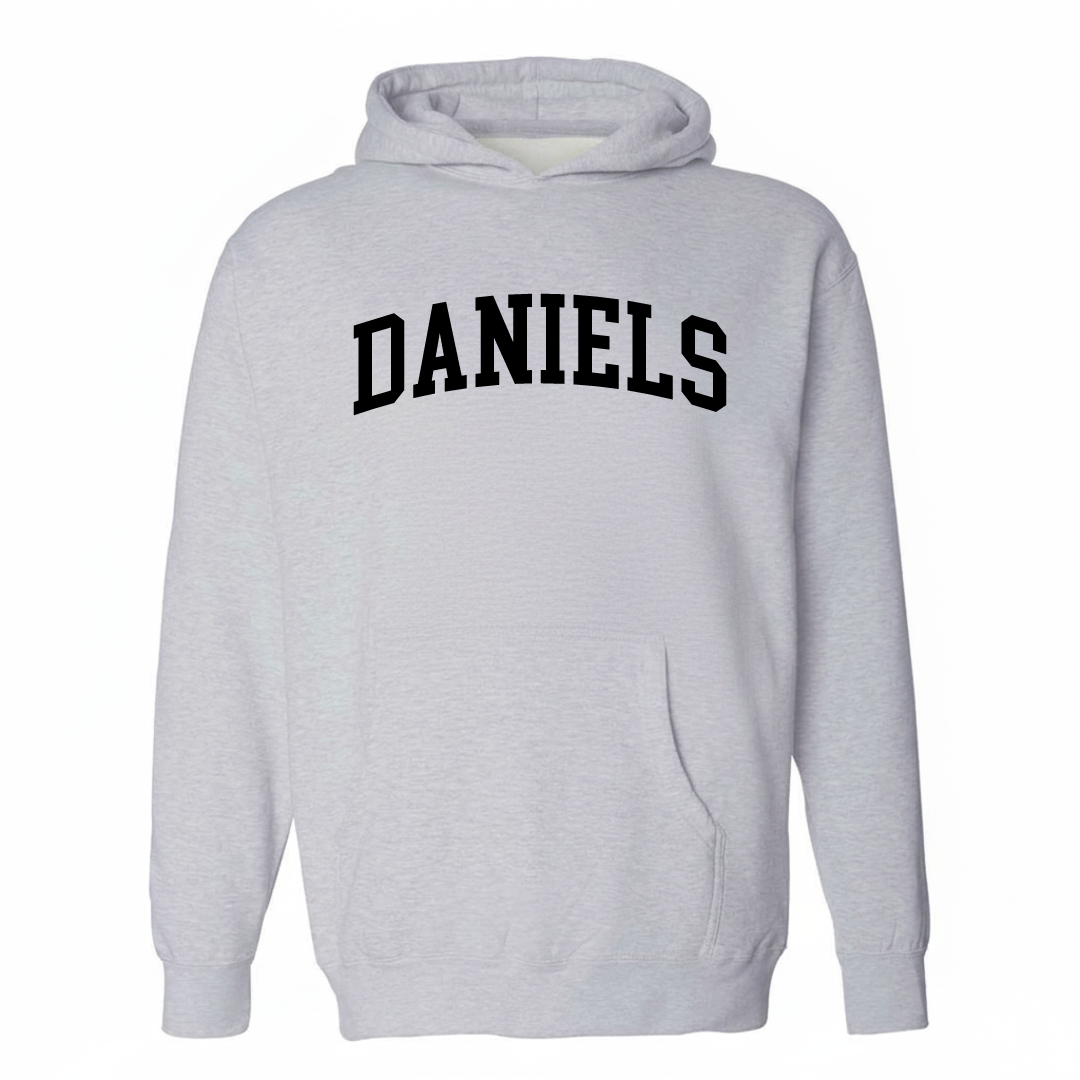 Heather-gray hoodie with the Daniels arched lettering varsity-collegiate design on the chest.