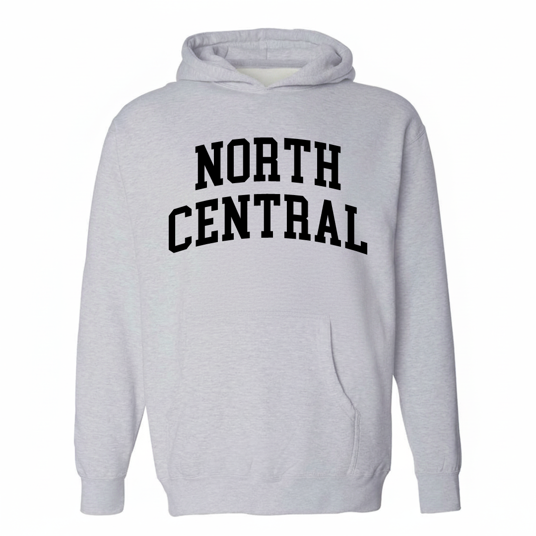 Heather-gray hoodie with the North Central Charleston varsity arched lettering design on the chest.