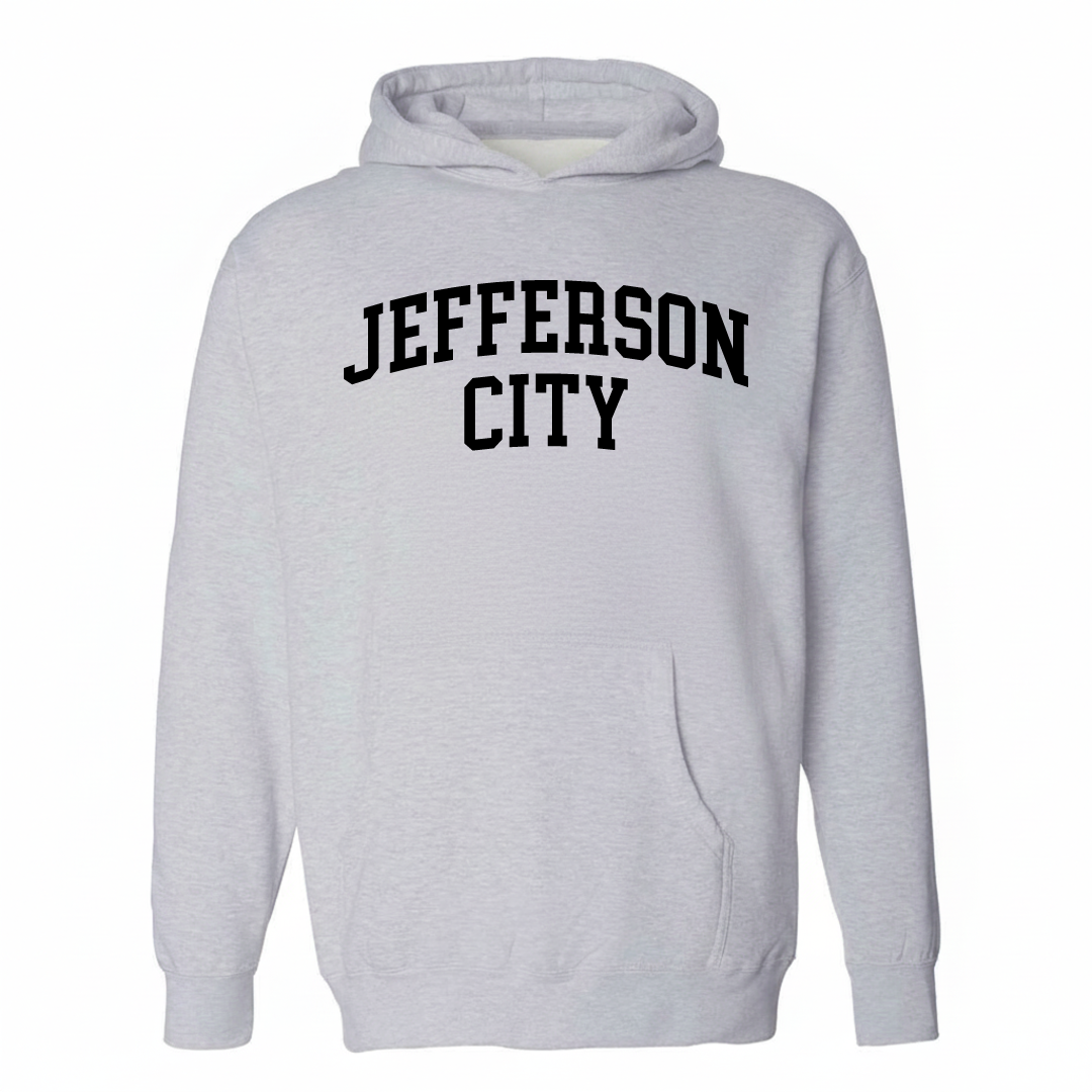Heather-gray hoodie with the Jefferson City varsity arched lettering design on the chest.