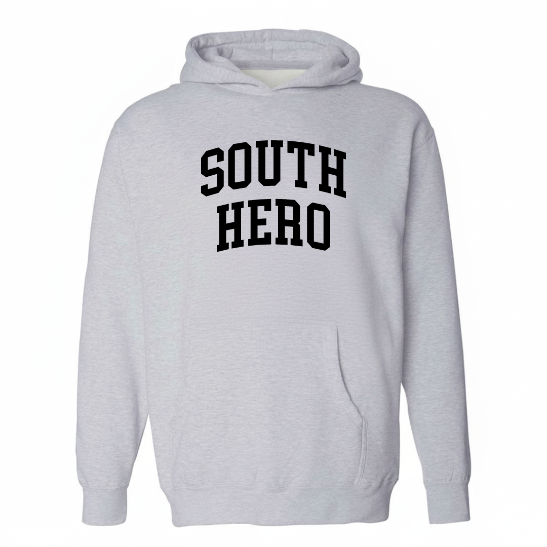 Heather-gray hoodie with the South Hero arched varsity lettering design on the chest.