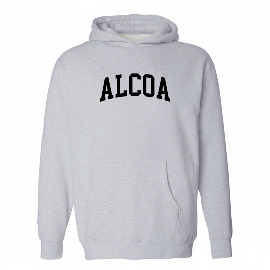 Heather-gray hoodie with the Alcoa arched varsity lettering design on the chest.