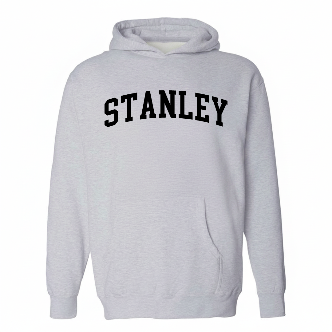 Heather-gray hoodie with the Stanley arched lettering design on the chest.