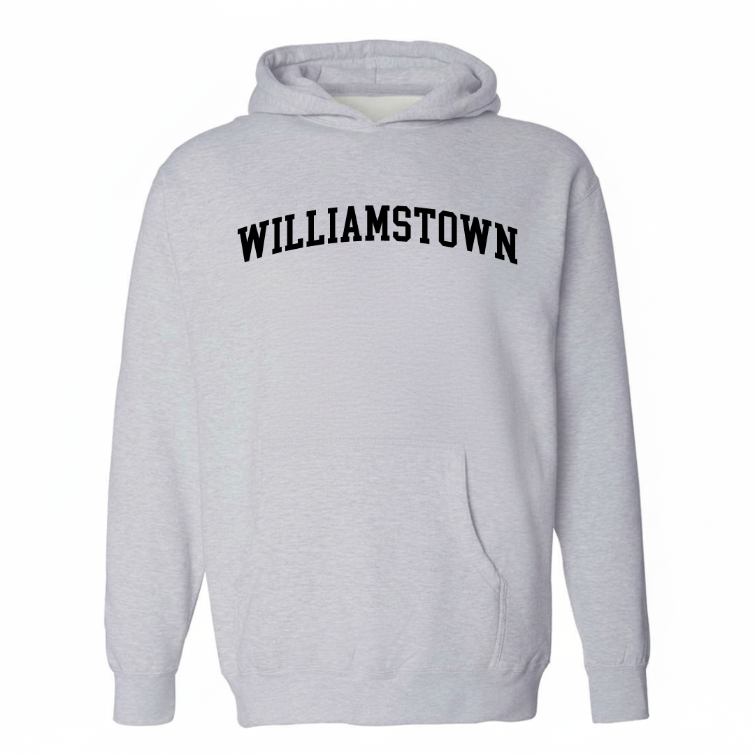 Heather-gray hoodie with the Williamstown varsity arched lettering design on the chest.