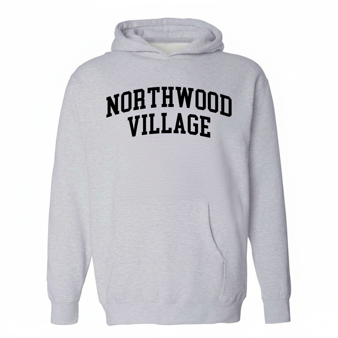 Heather-gray hoodie with the Northwood Village varsity arched lettering design on the chest.