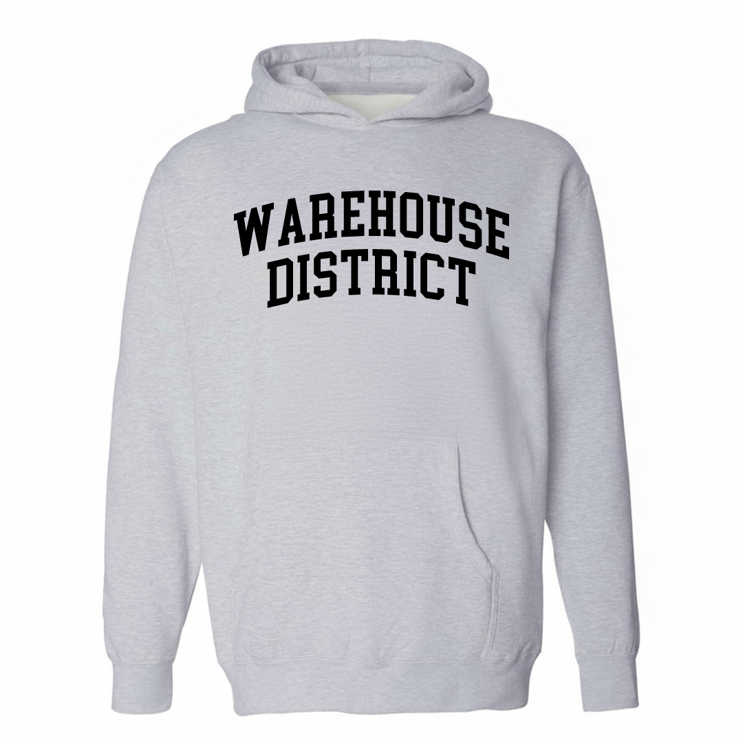 Heather-gray hoodie with the Warehouse District arched lettering design on the chest.