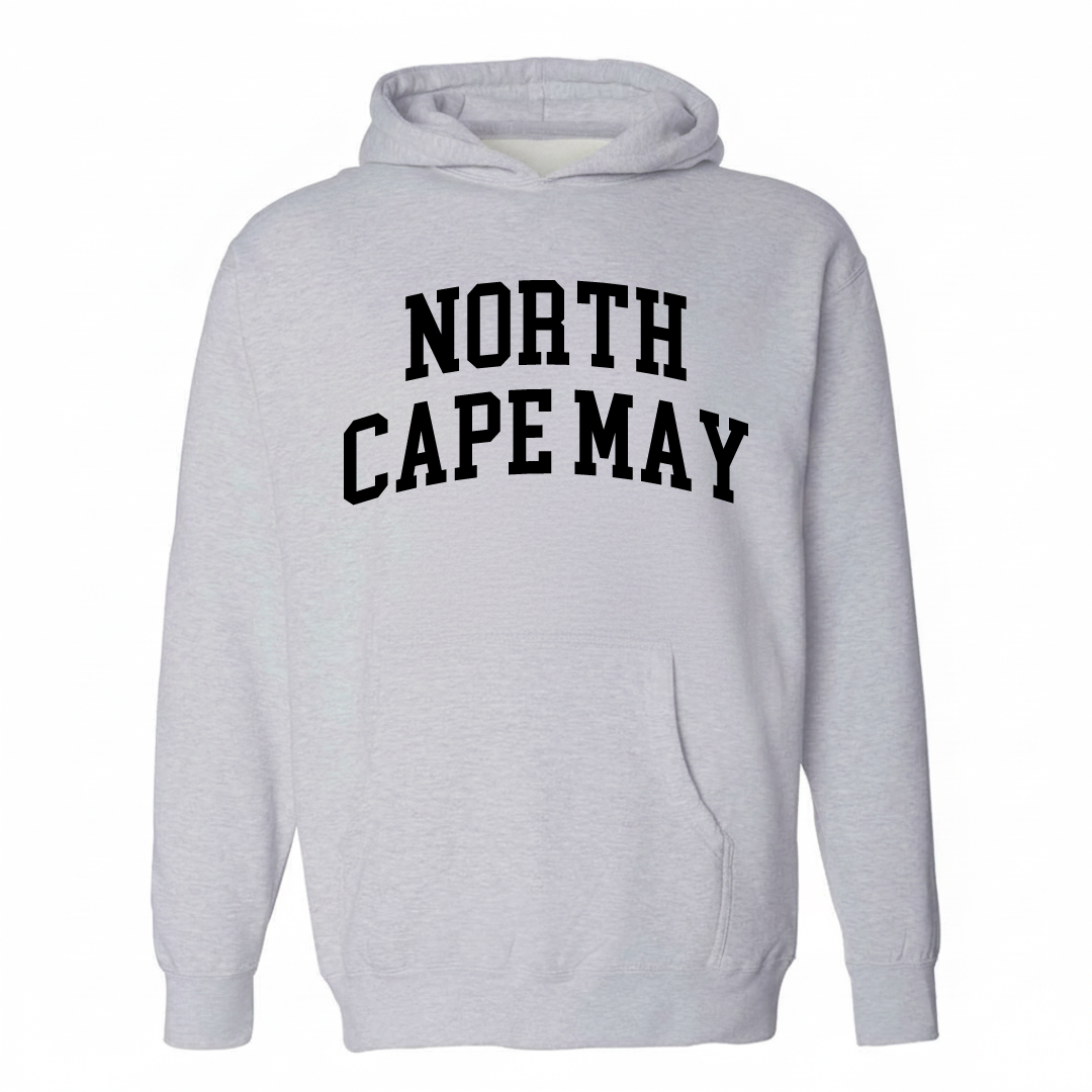 Heather-gray hoodie with the North Cape May varsity arched lettering design on the chest.