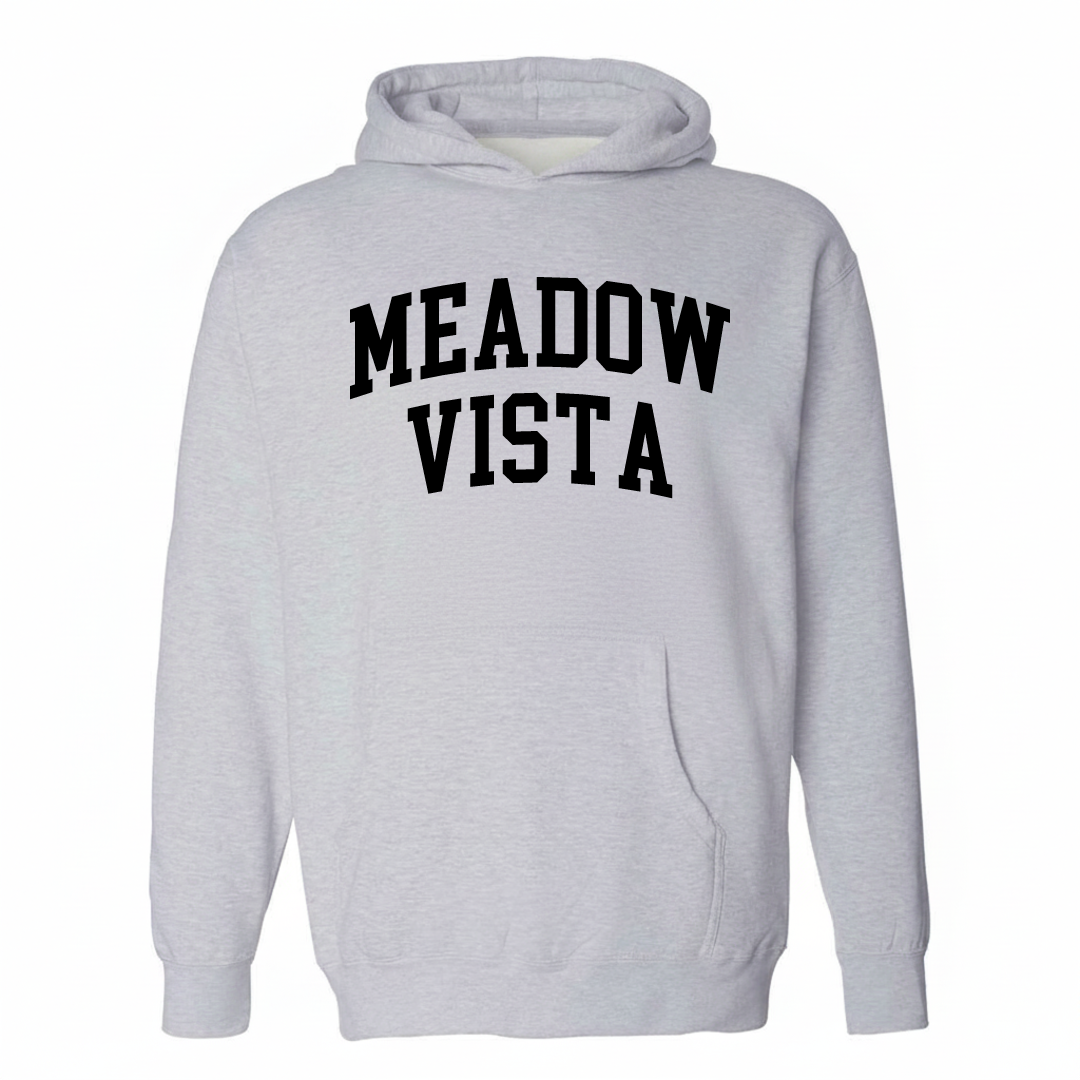 Heather-gray hoodie with the Meadow Vista arched lettering design on the chest.