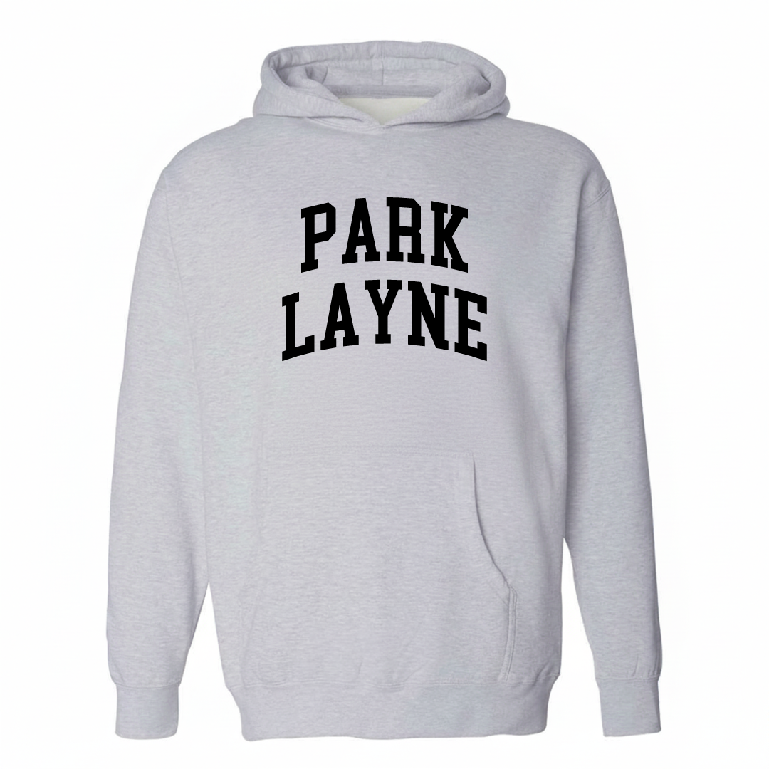 Heather-gray hoodie with the Park Layne varsity arched lettering design on the chest.
