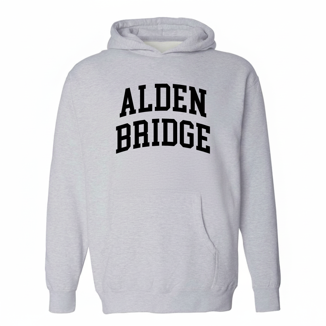 Heather-gray hoodie with the Alden Bridge varsity arched lettering design on the chest.
