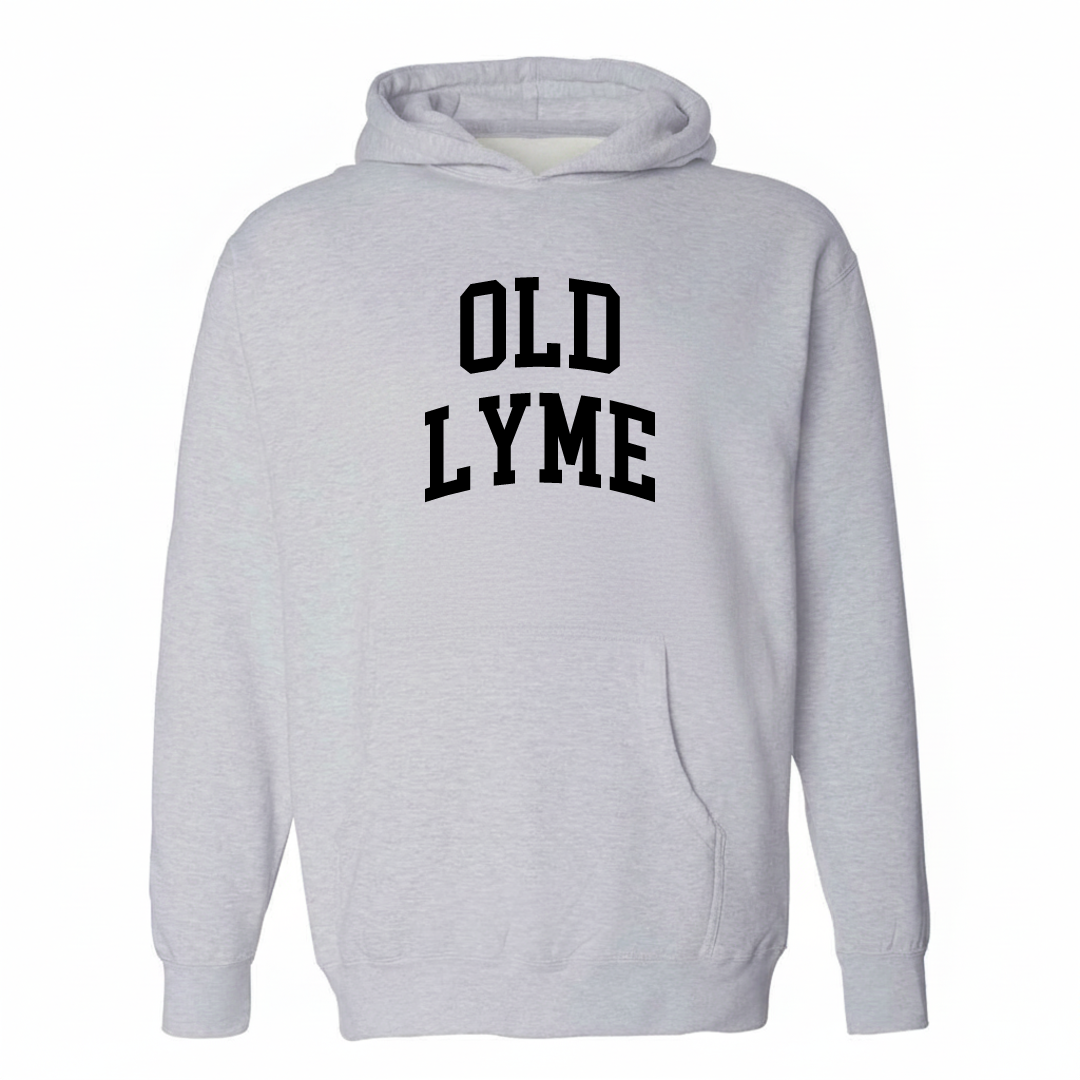 Heather-gray hoodie with the Old Lyme varsity arched lettering design on the chest.