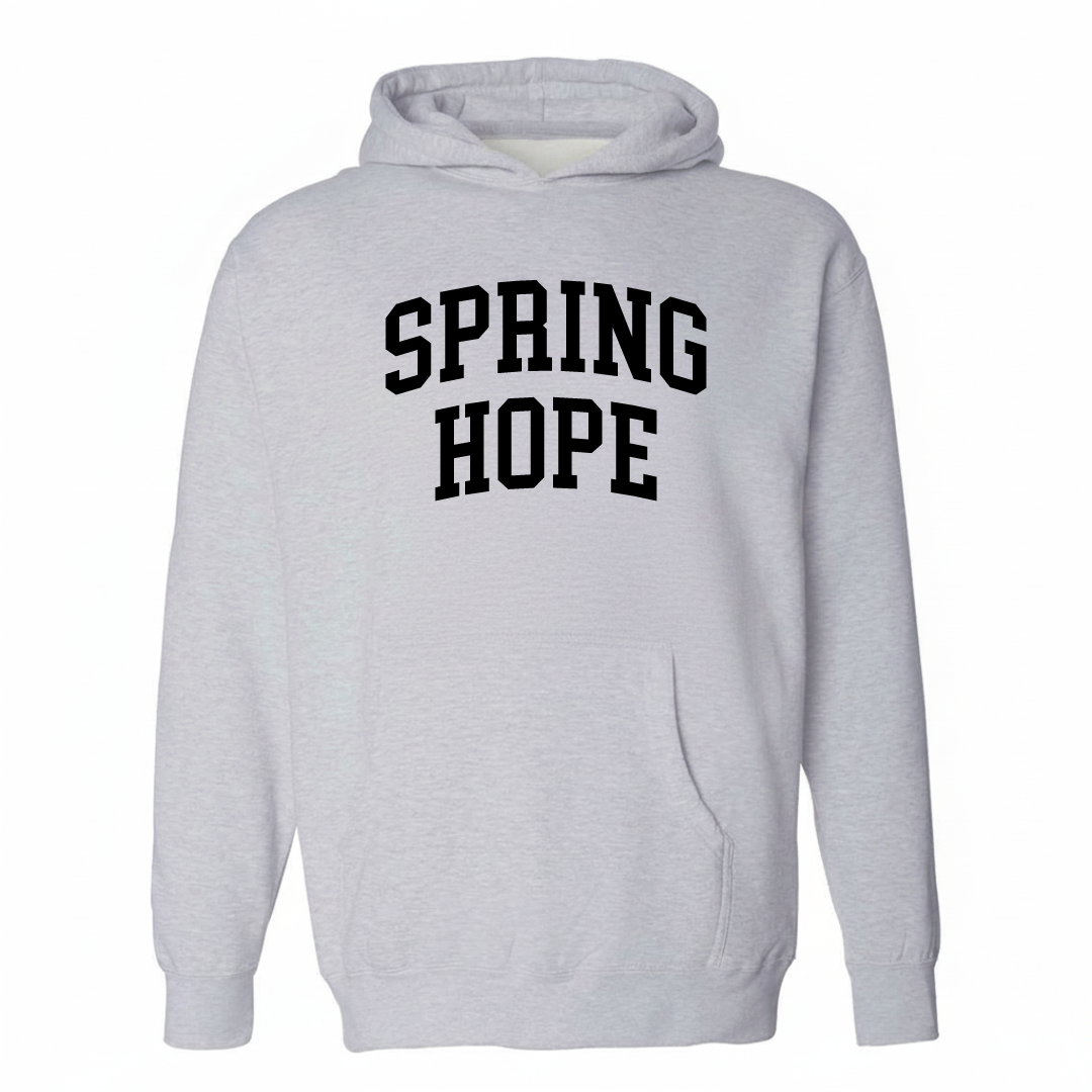 Heather-gray hoodie with the Spring Hope varsity arched lettering design on the chest.