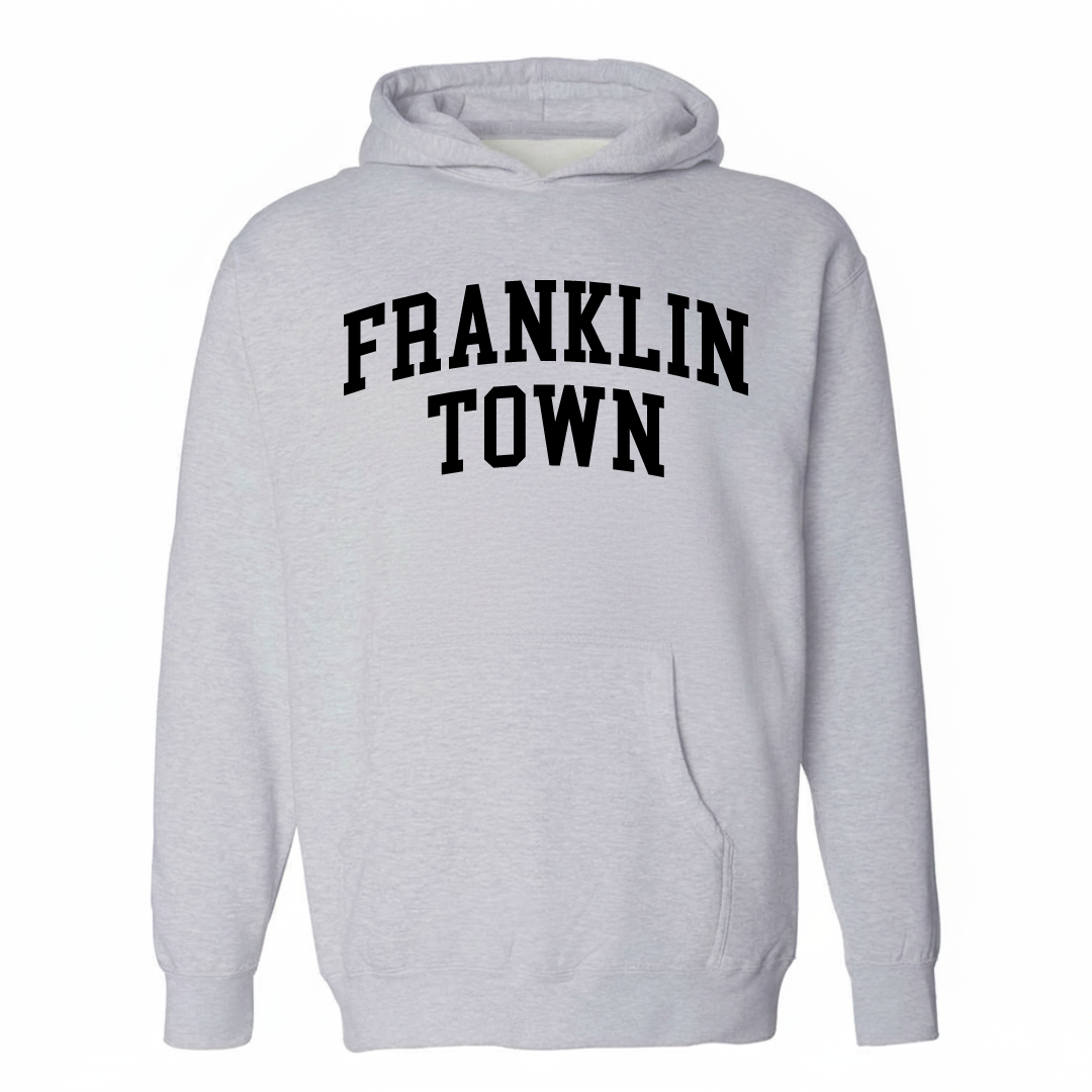 Heather-gray hoodie with the Franklin Town arched lettering varsity-collegiate design on the chest.