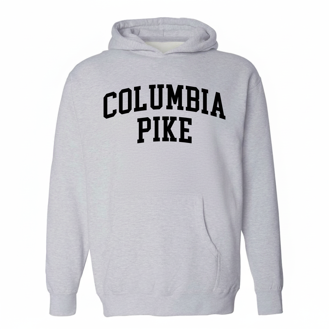 Heather-gray hoodie with the Columbia Pike varsity arched lettering design on the chest.