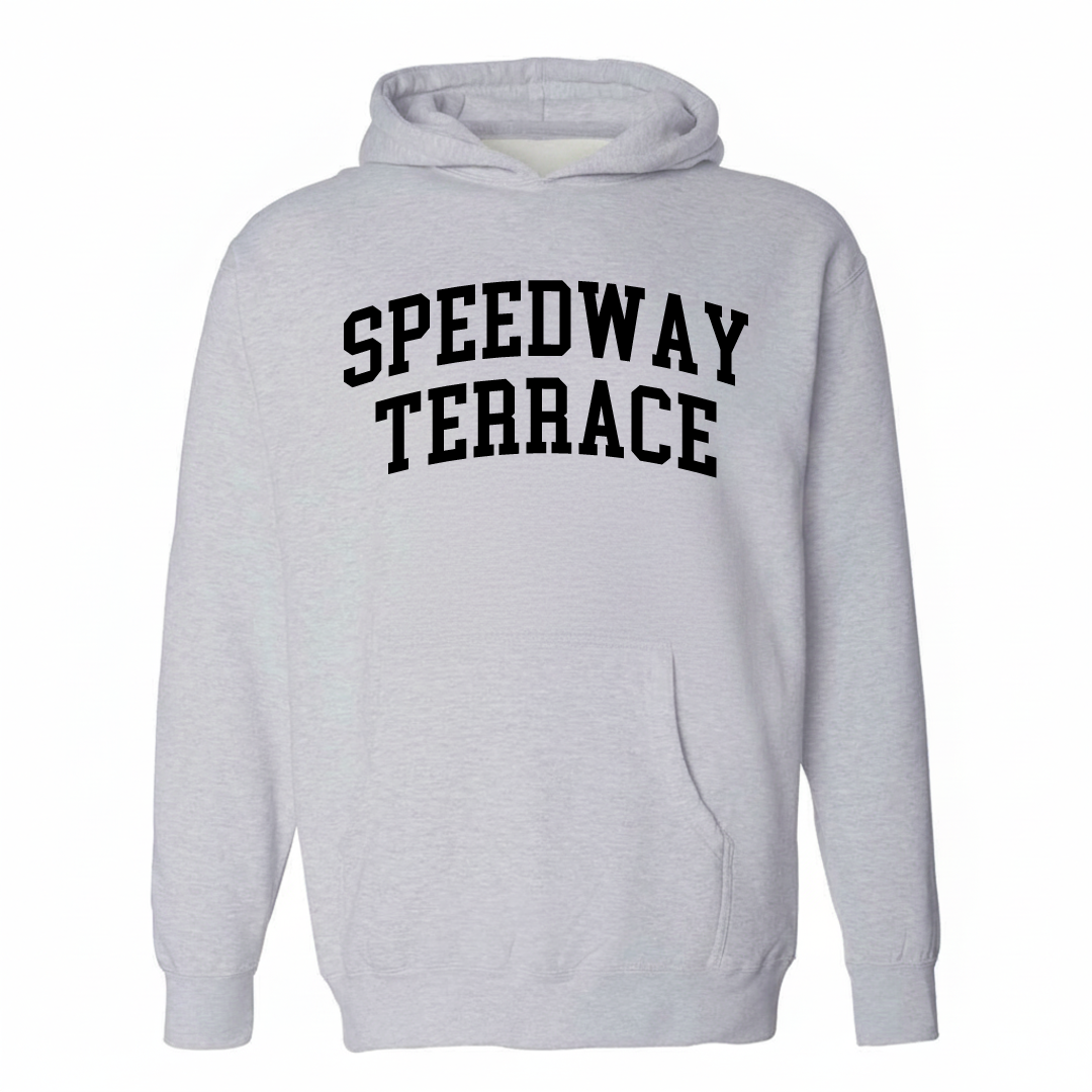Heather-gray hoodie with the Speedway Terrace varsity arched lettering design on the chest.