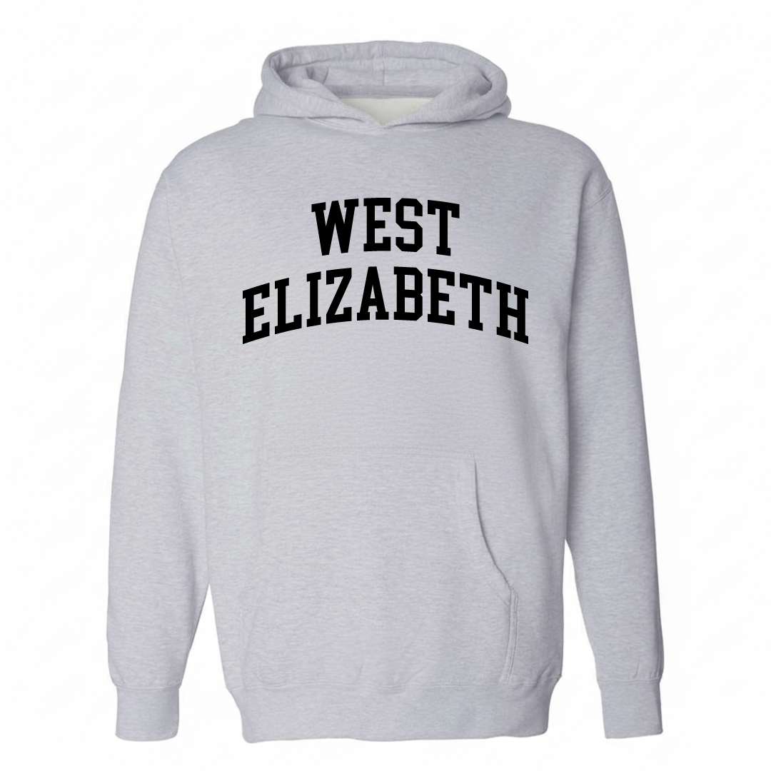 Heather-gray hoodie with the West Elizabeth arched lettering design on the chest.