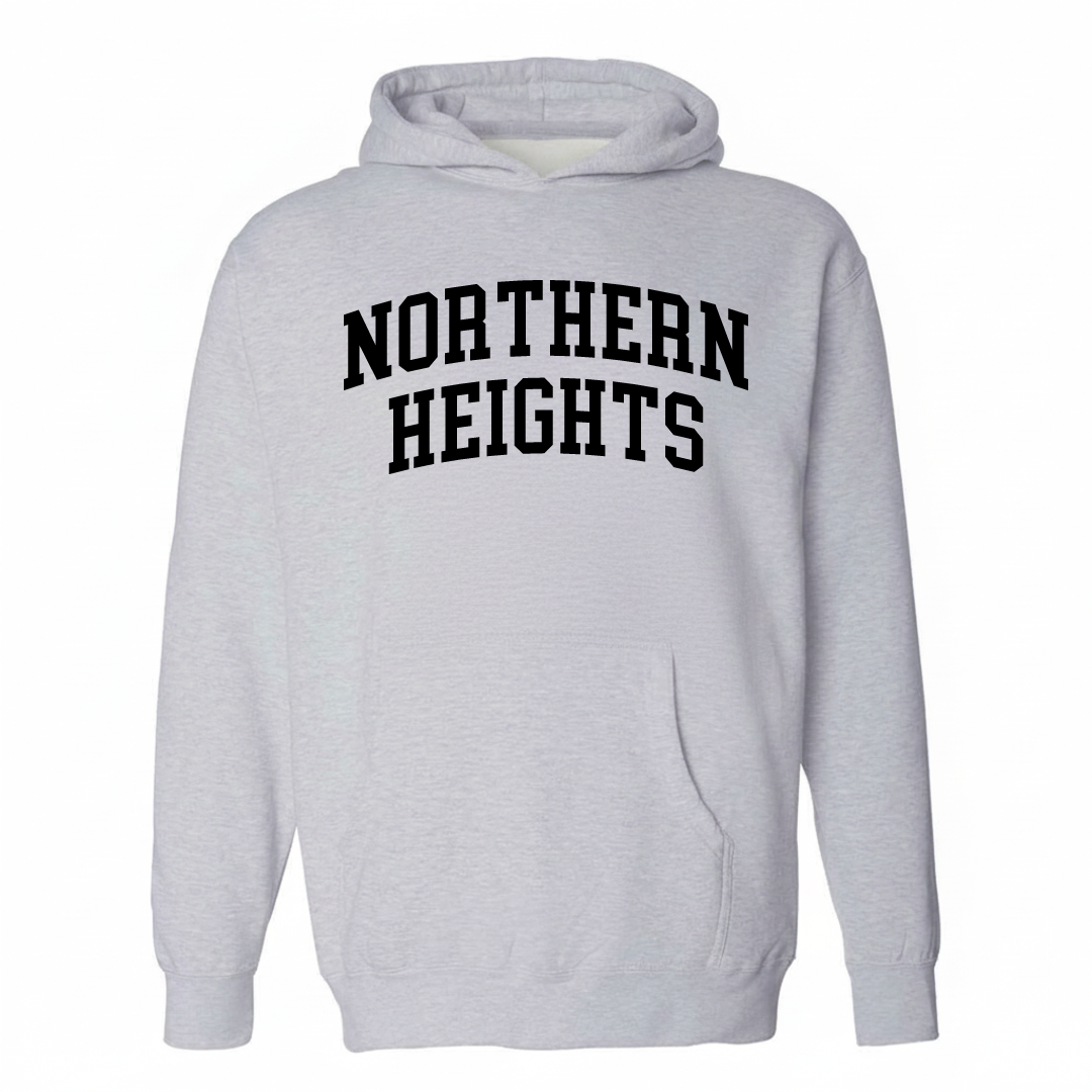 Heather-gray hoodie with the Northern Heights varsity arched lettering design on the chest.