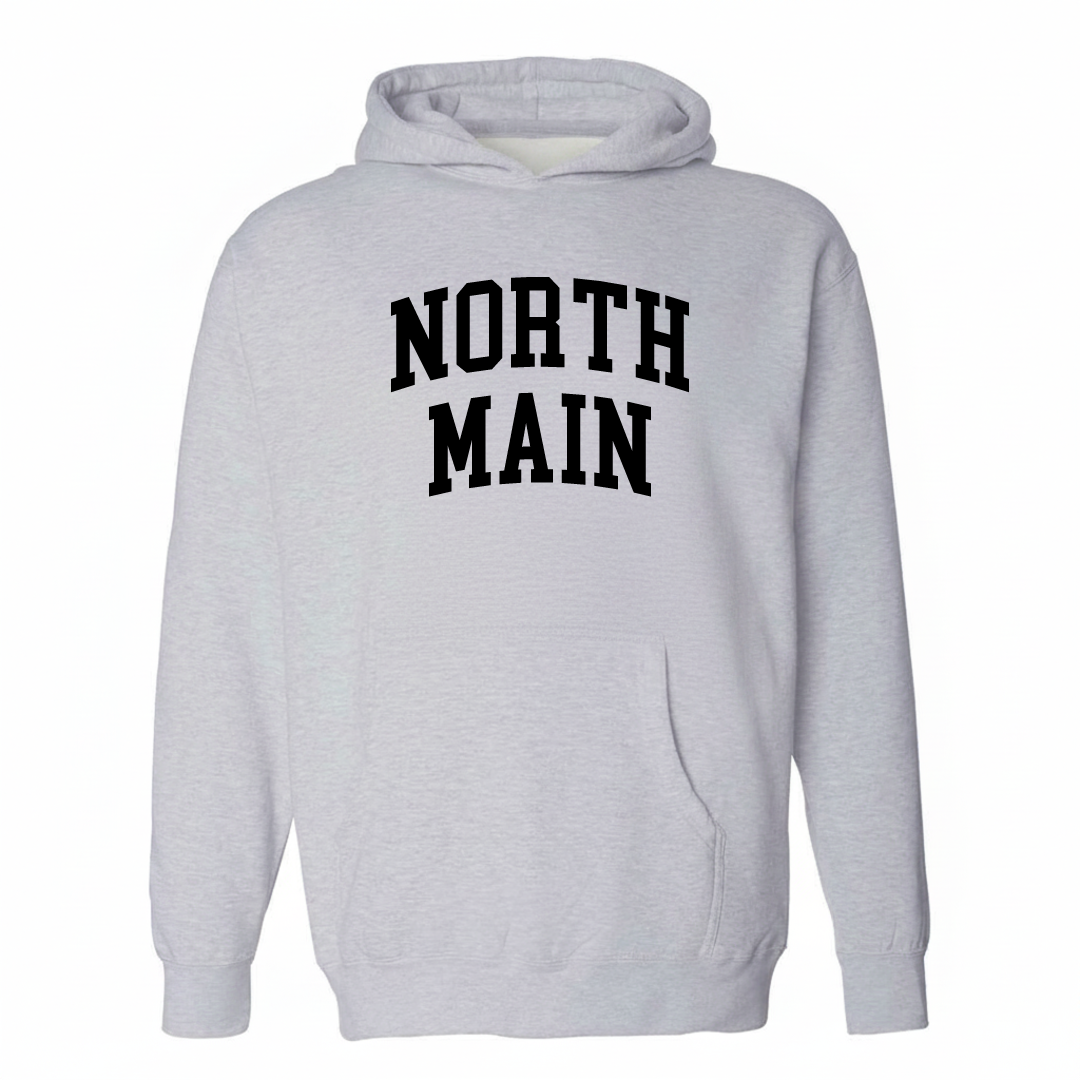 Heather-gray hoodie with the North Main varsity arched lettering design on the chest.