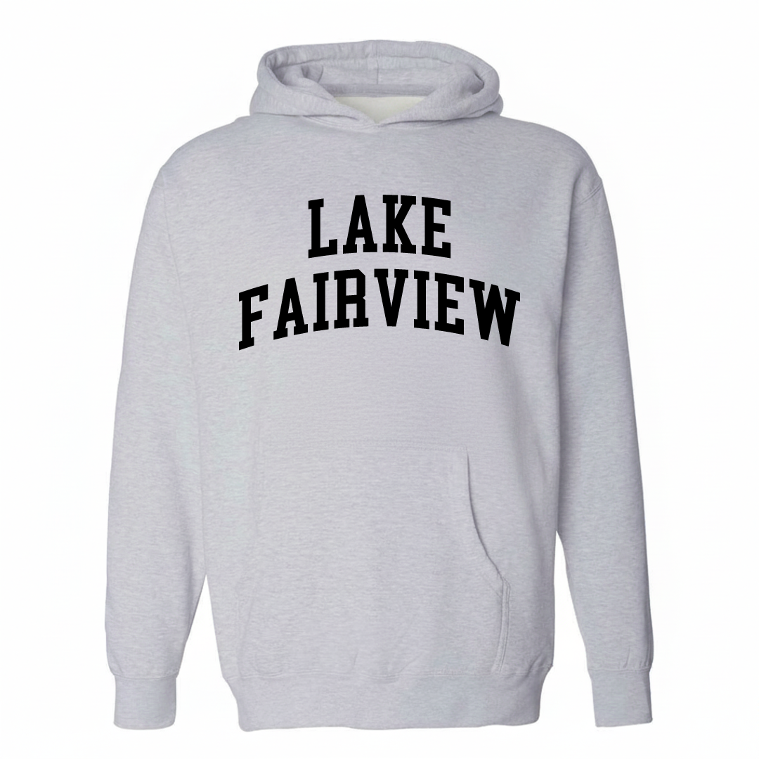 Heather-gray hoodie with the Lake Fairview varsity arched lettering design on the chest.
