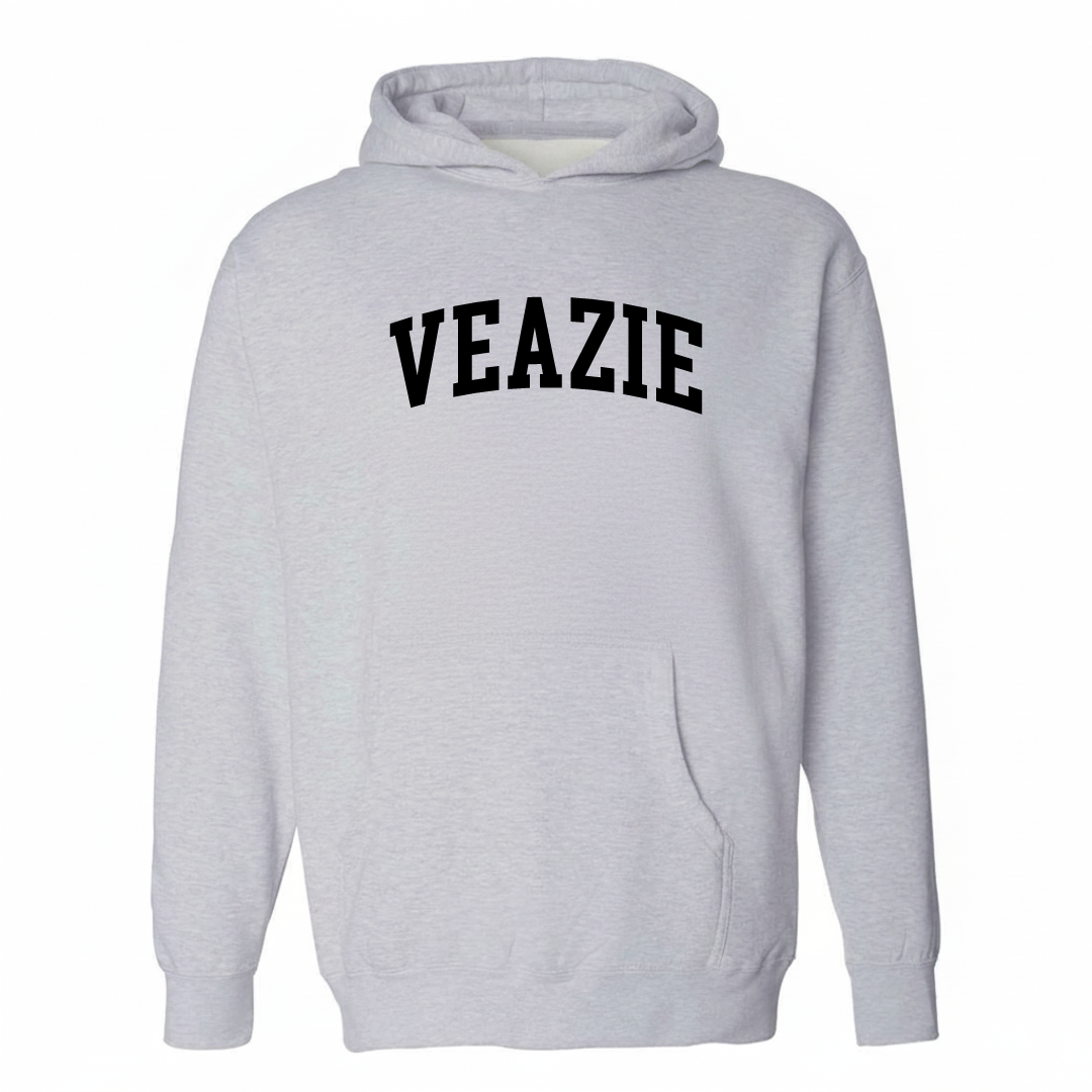 Heather-gray hoodie with the Veazie arched lettering varsity-collegiate design on the chest.