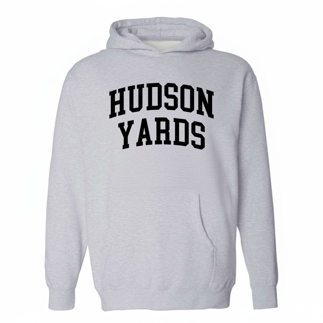 Heather-gray hoodie with the Hudson Yards varsity arched lettering design on the chest.