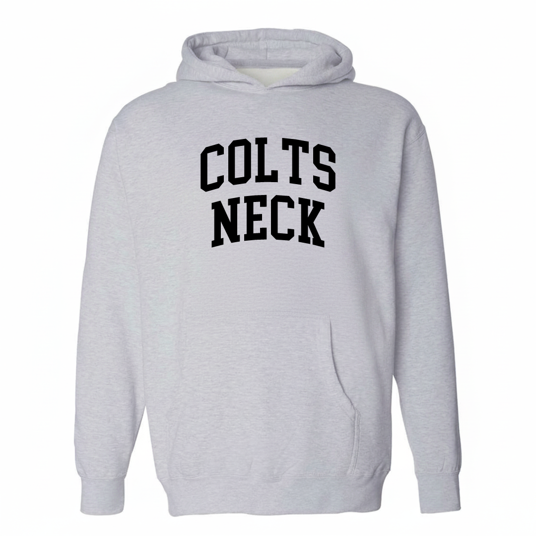 Heather-gray hoodie with the Colts Neck varsity arched lettering design on the chest.