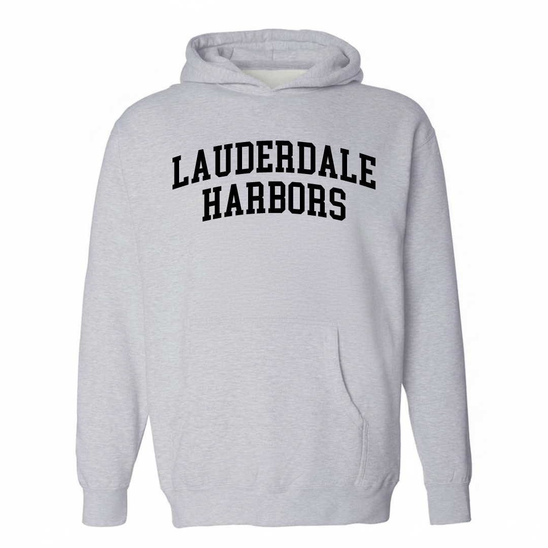 Heather-gray hoodie with the Lauderdale Harbors varsity arched lettering design on the chest.