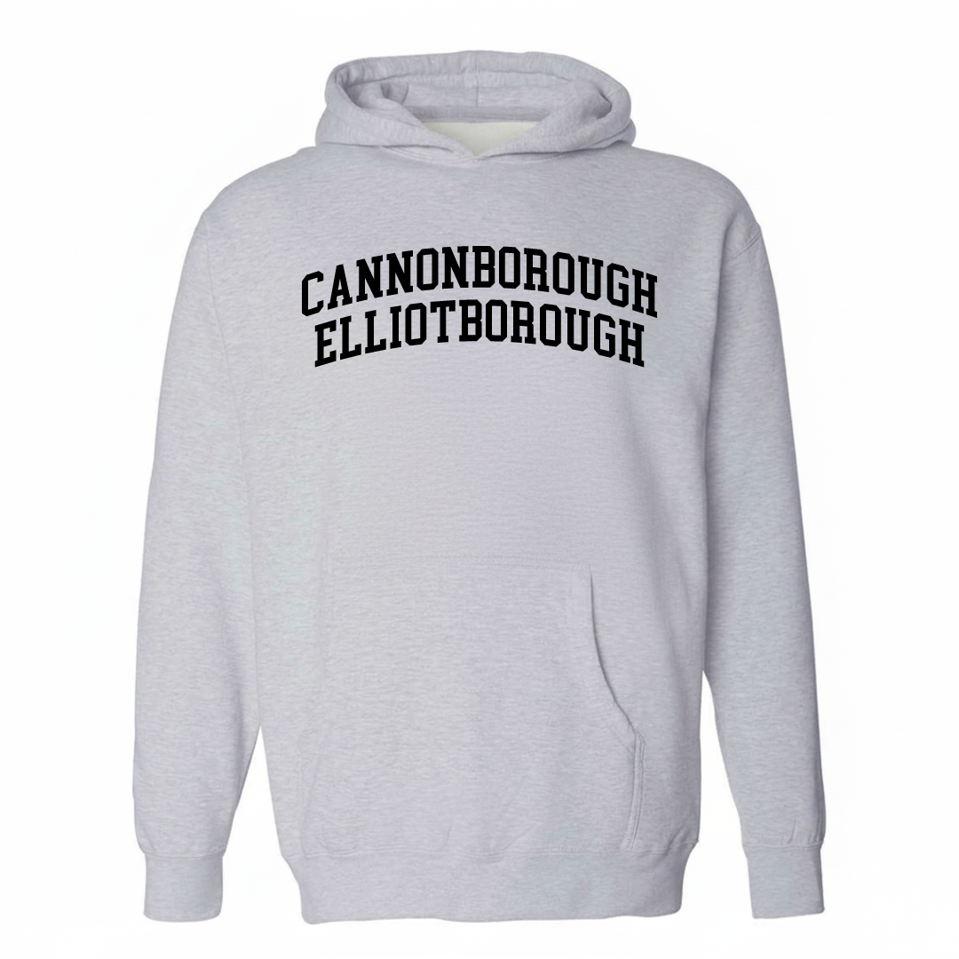 Heather-gray hoodie with the Cannonborough-Elliotborough varsity arched lettering design on the chest.