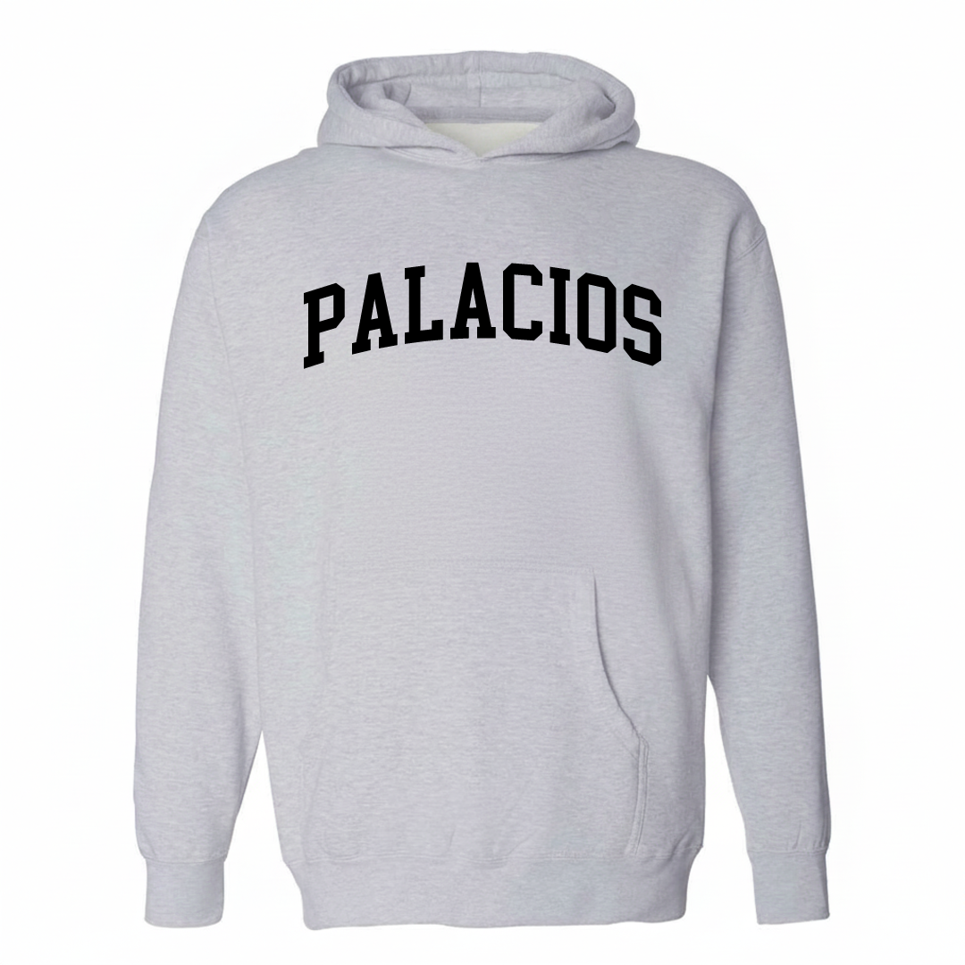 Heather-gray hoodie with the Palacios arched lettering design on the chest.