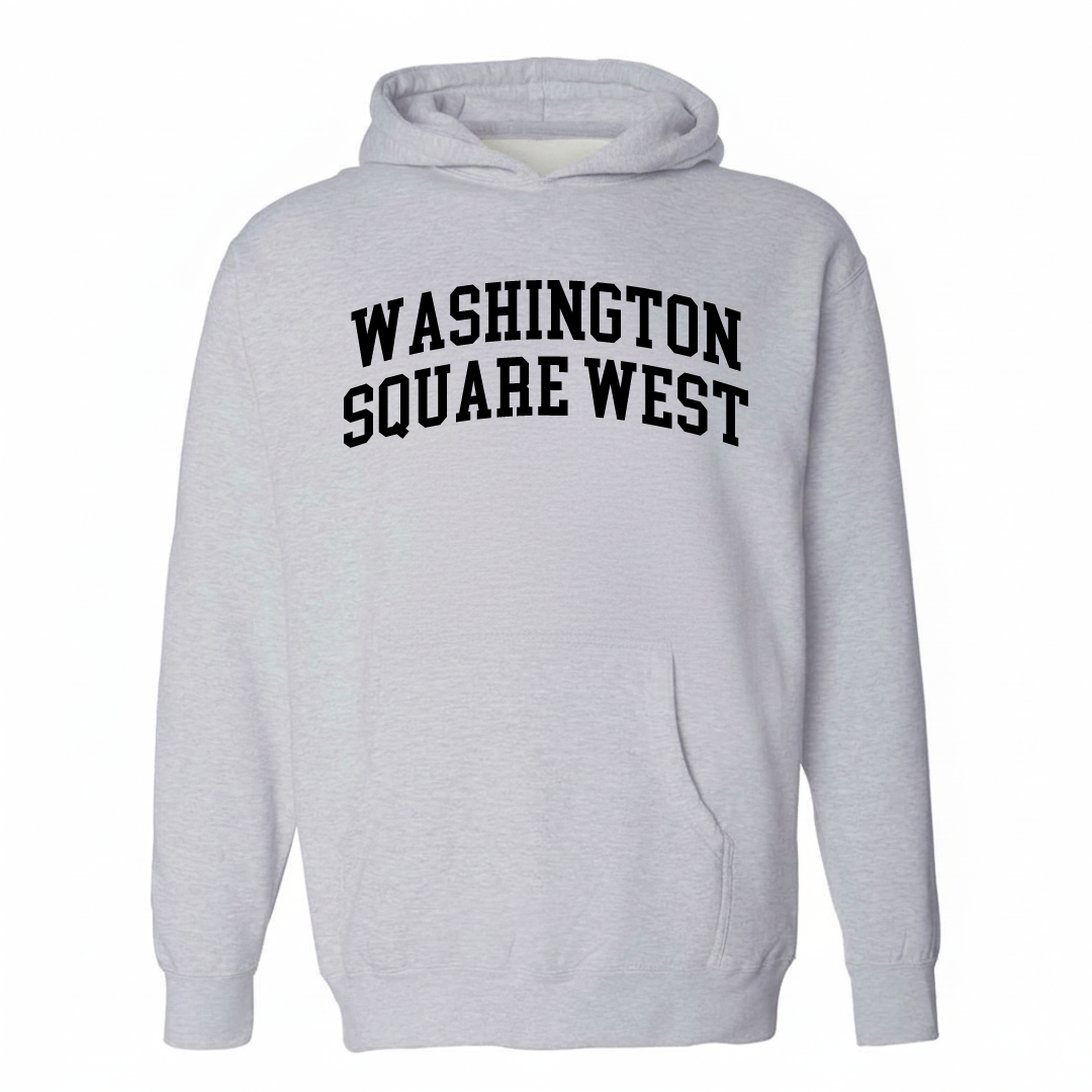 Heather-gray hoodie with the Washington Square West arched varsity lettering design on the chest.