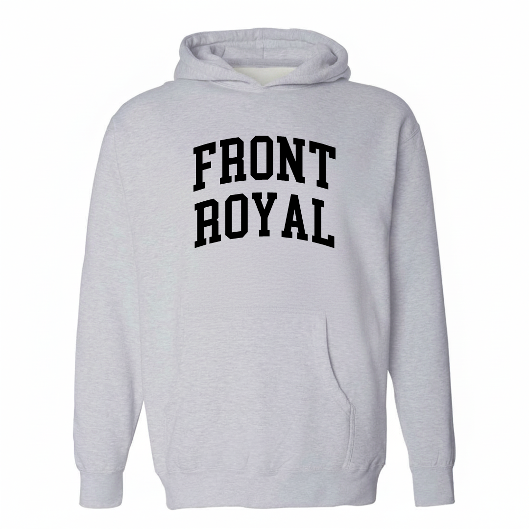 Heather-gray hoodie with the Front Royal arched varsity lettering design on the chest.