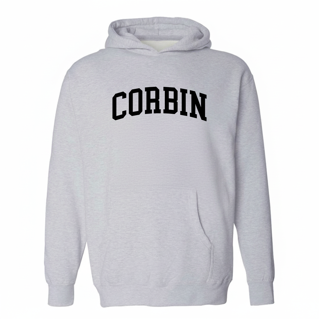 Heather-gray hoodie with the Corbin arched varsity lettering design on the chest.