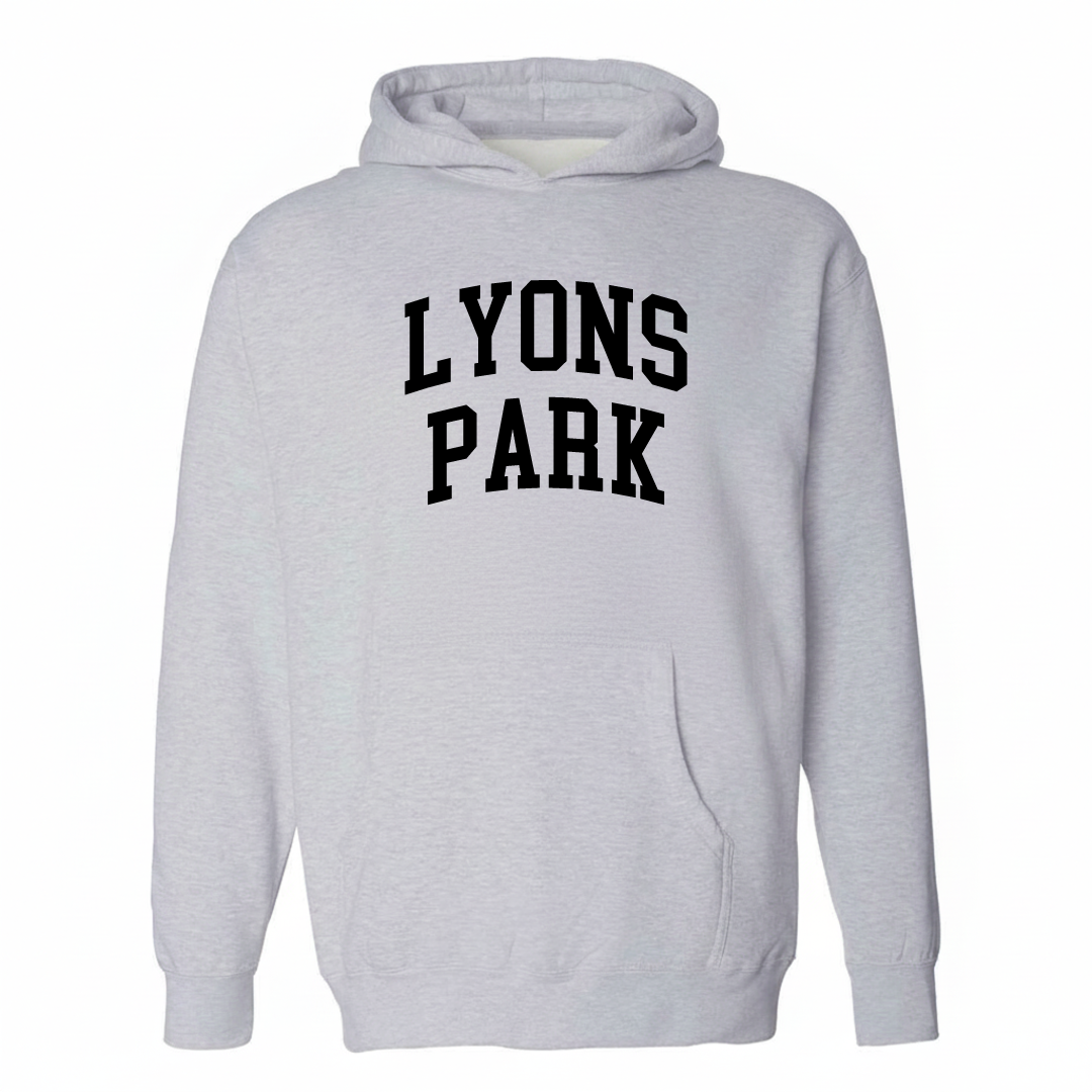 Heather-gray hoodie with the Lyons Park varsity arched lettering design on the chest.