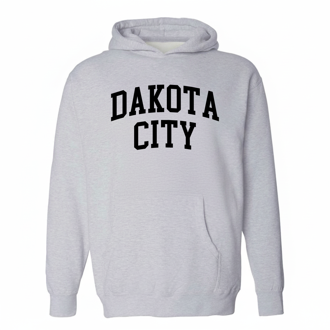 Heather-gray hoodie with the Dakota City varsity arched lettering design on the chest.