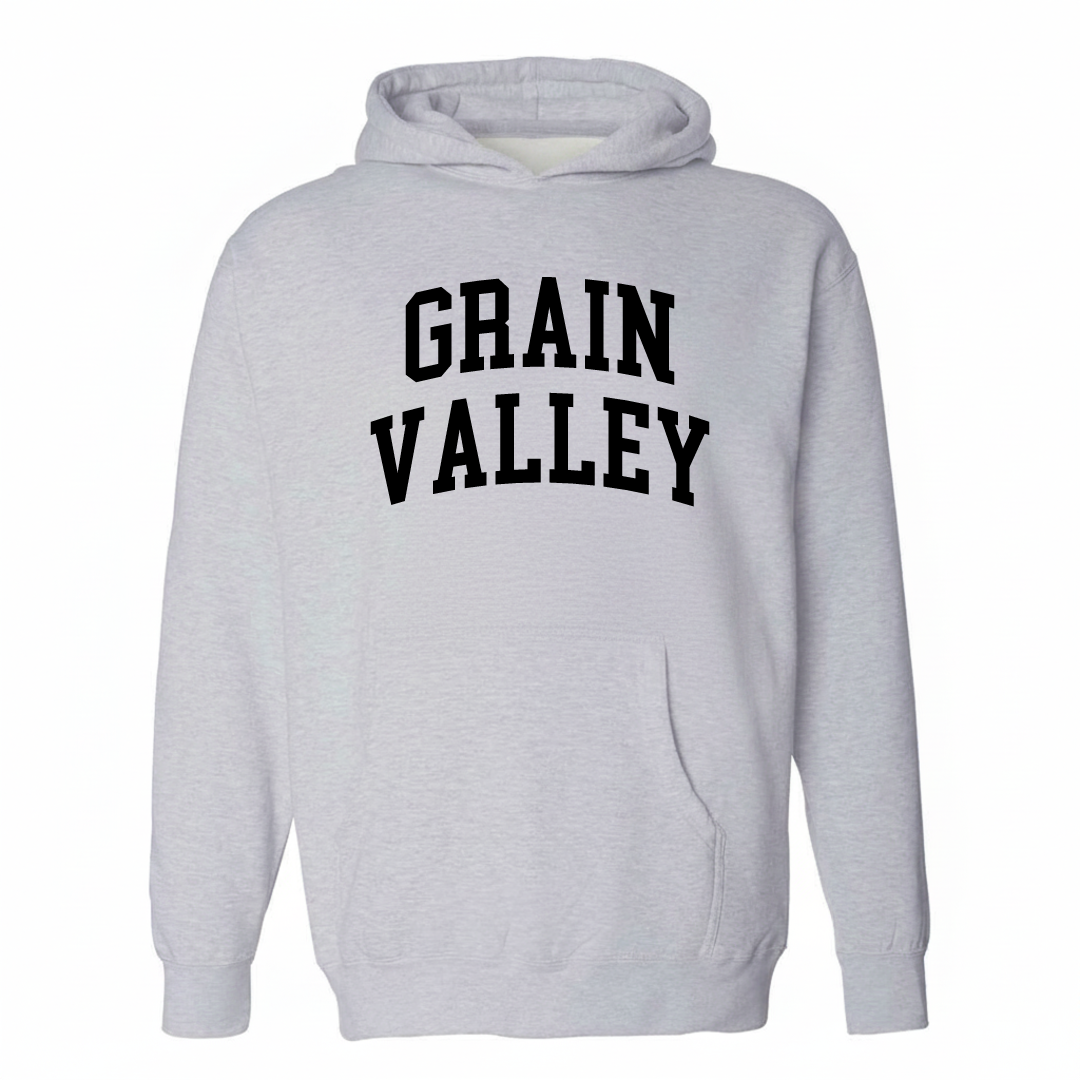 Heather-gray hoodie with the Grain Valley varsity arched lettering design on the chest.