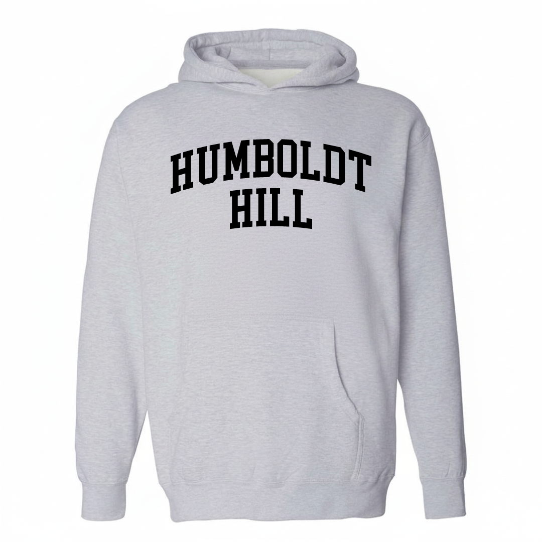 Heather-gray hoodie with the Humboldt Hill varsity arched lettering design on the chest.