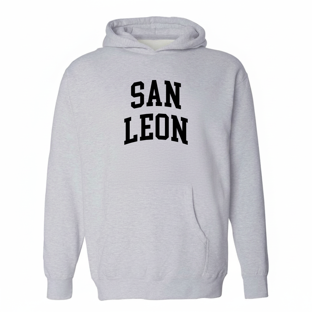 Heather-gray hoodie with the San Leon varsity arched lettering design on the chest.