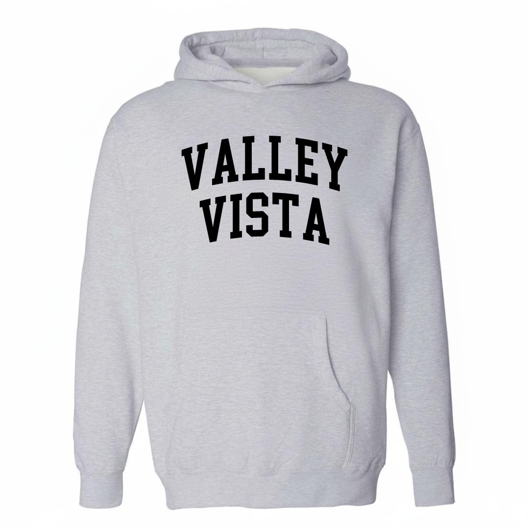 Heather-gray hoodie with the Valley Vista arched lettering design on the chest.